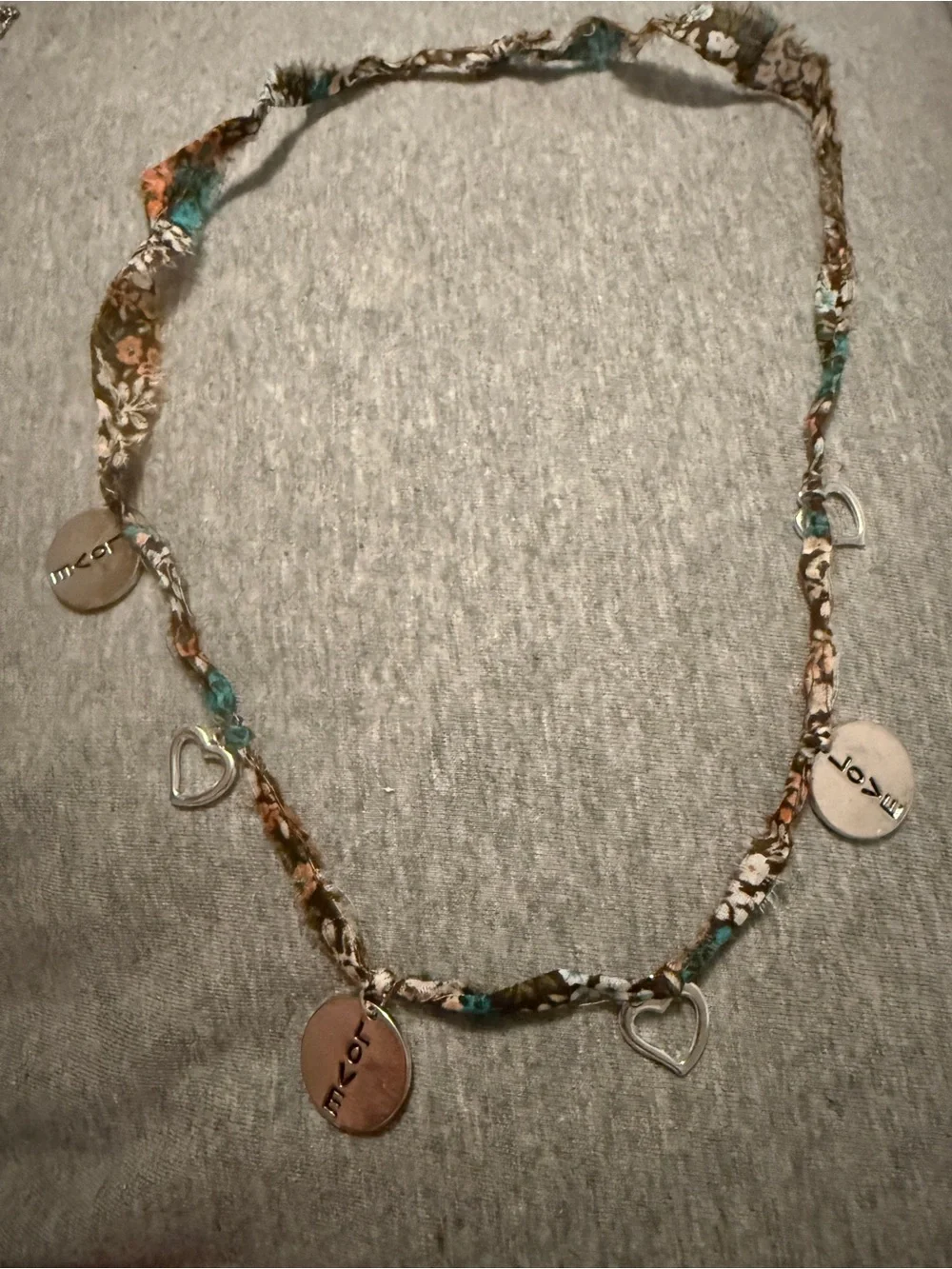 Boho Floral Fabric Necklace with Teal & Brown Accents & Silver Heart Love Charms - Picture 2 of 4